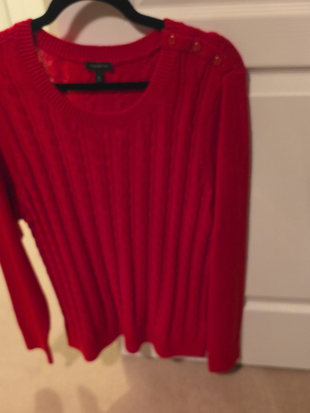 Talbots Red Cable-Knit Crew Sweater with Shoulder Snap Detail